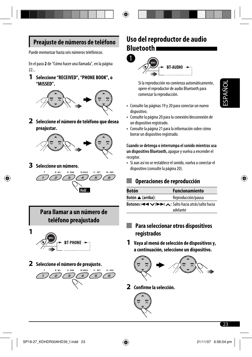 Uso del reproductor de audio bluetooth, Preajuste de números de teléfono, Para llamar a un número de teléfono preajustado | Español | JVC KD-AHD39 User Manual | Page 61 / 117