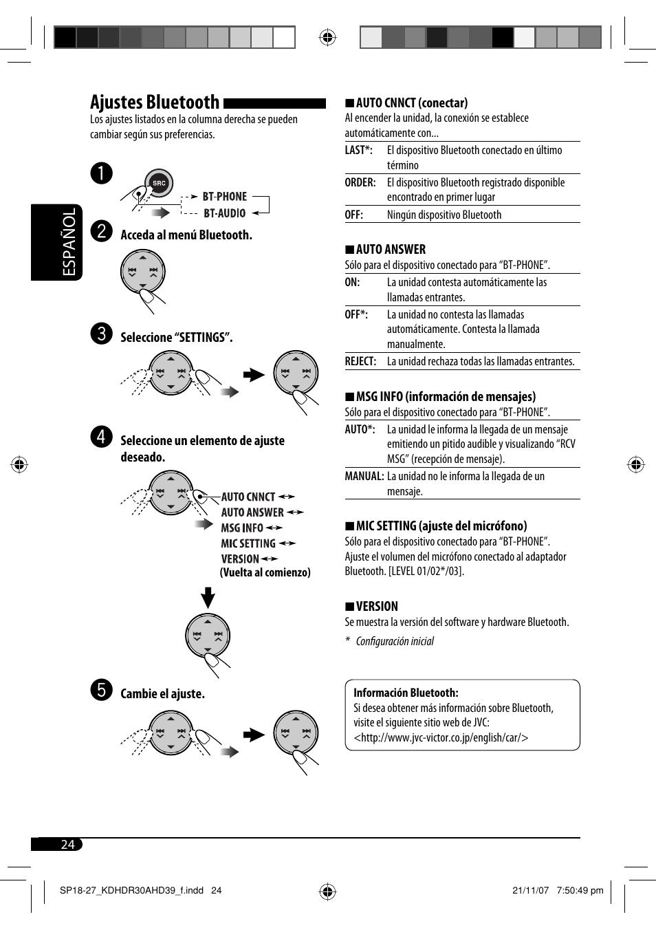 Ajustes bluetooth, Español | JVC KD-AHD39 User Manual | Page 62 / 117