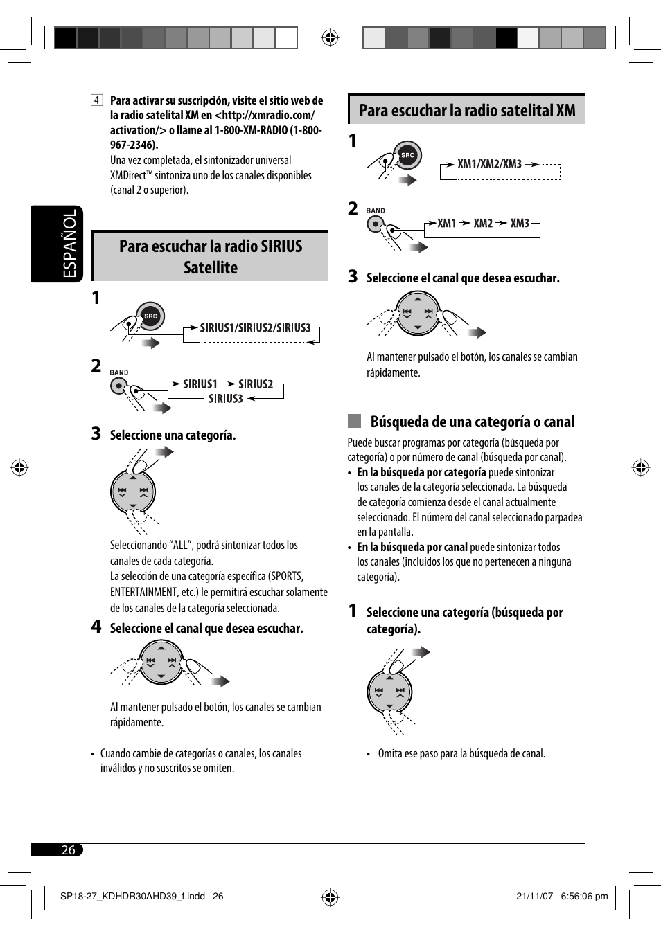 Para escuchar la radio satelital xm, Para escuchar la radio sirius satellite, Español | JVC KD-AHD39 User Manual | Page 64 / 117