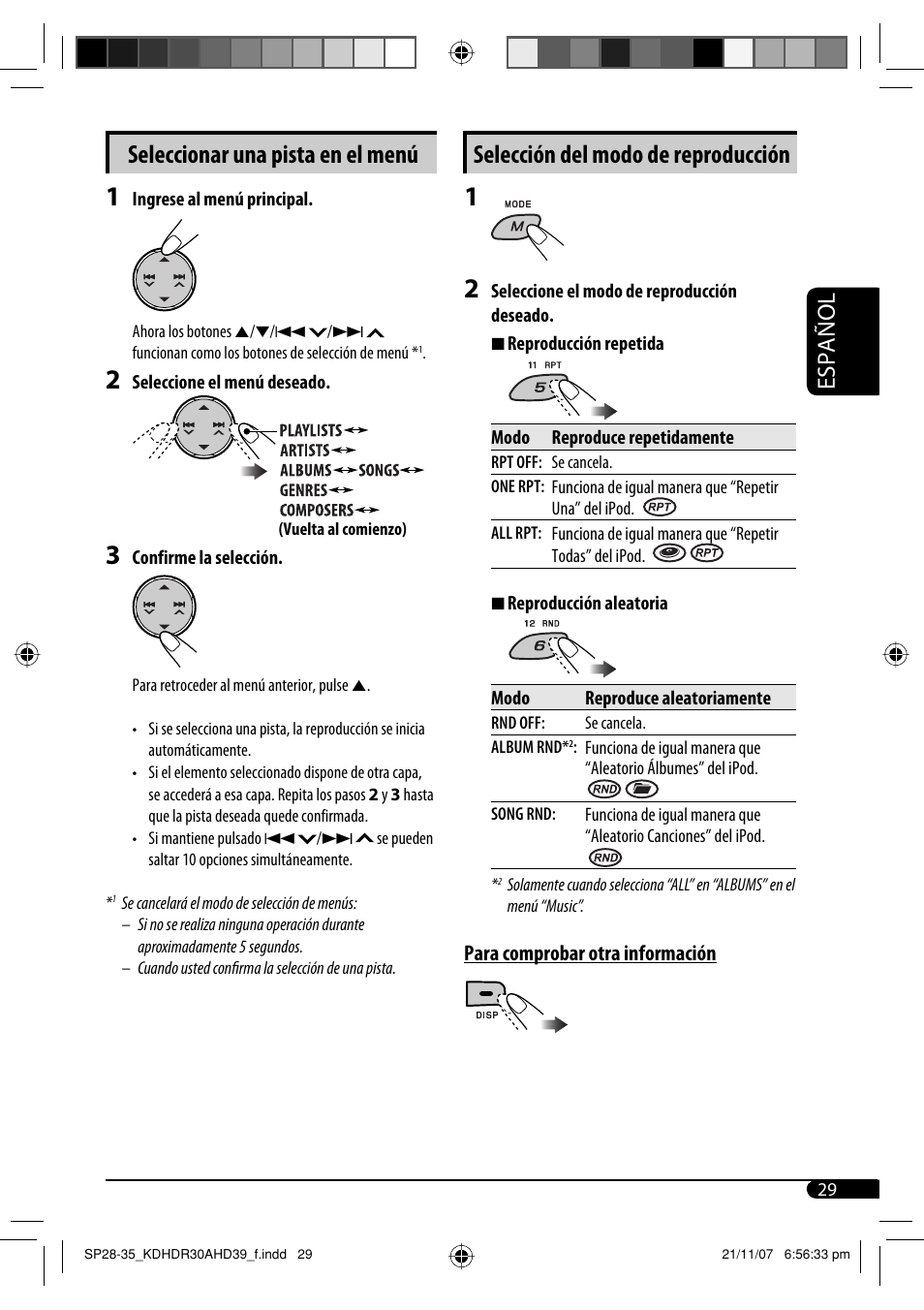 Seleccionar una pista en el menú, Selección del modo de reproducción, Español | JVC KD-AHD39 User Manual | Page 67 / 117