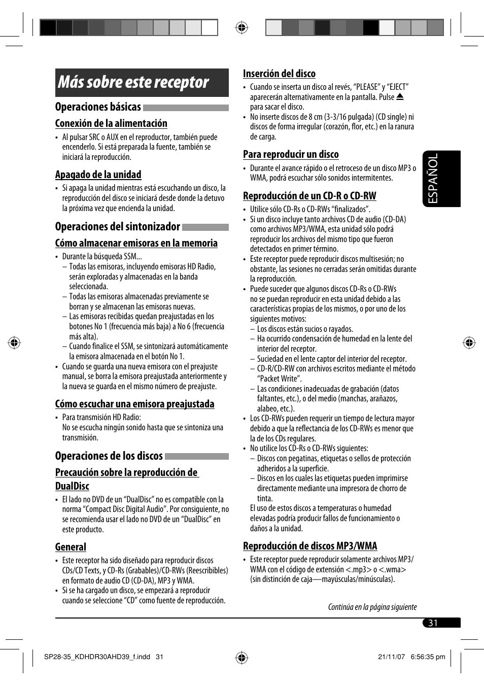 Más sobre este receptor, Español, Operaciones básicas | Operaciones del sintonizador, Operaciones de los discos | JVC KD-AHD39 User Manual | Page 69 / 117