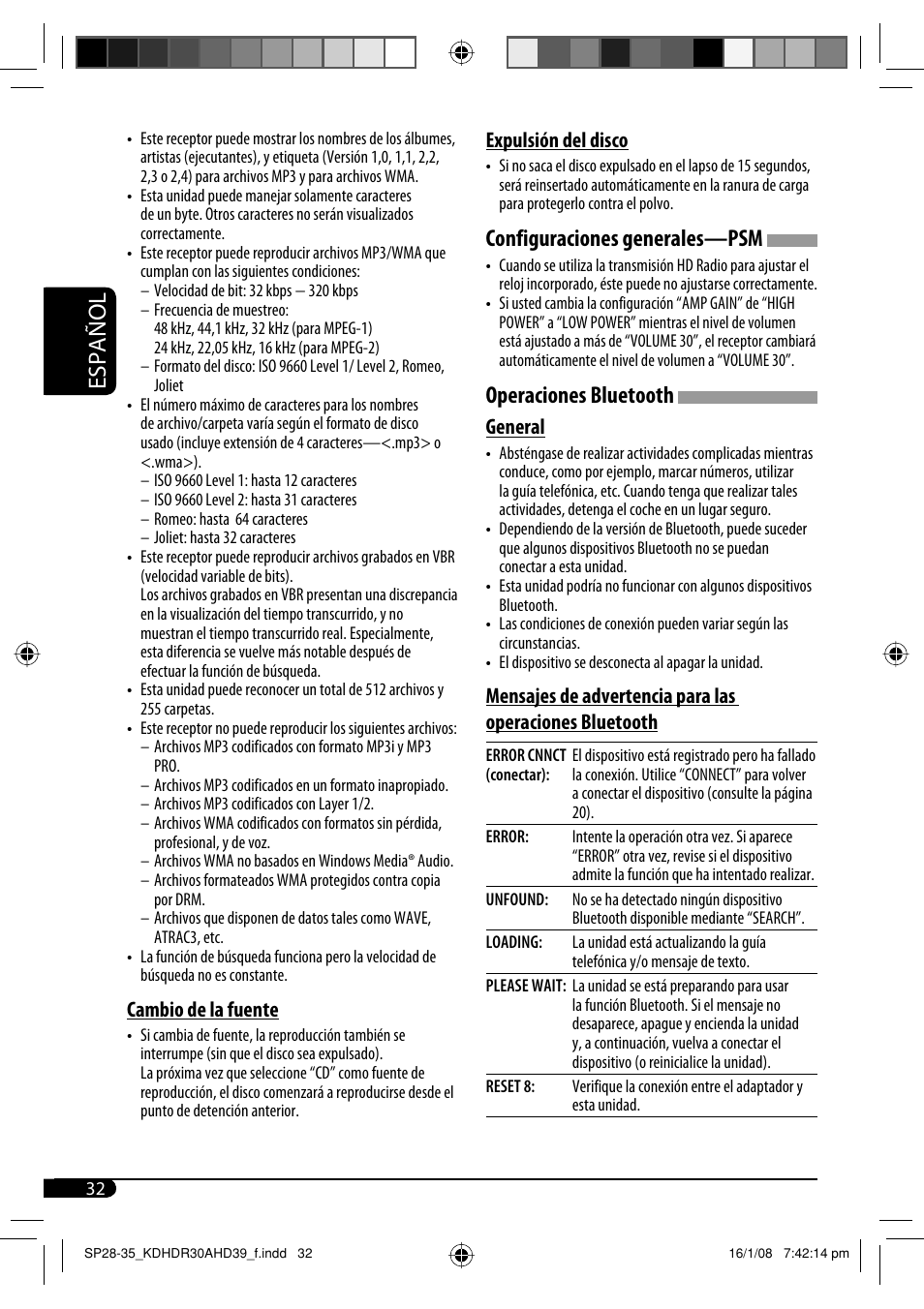 Español, Configuraciones generales—psm, Operaciones bluetooth | Cambio de la fuente, Expulsión del disco, General | JVC KD-AHD39 User Manual | Page 70 / 117