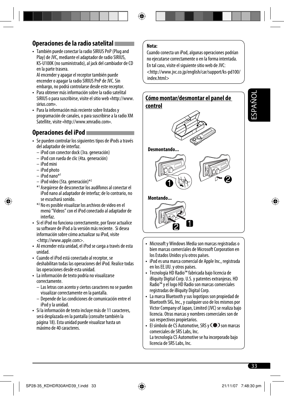 Español, Operaciones de la radio satelital, Operaciones del ipod | Cómo montar/desmontar el panel de control | JVC KD-AHD39 User Manual | Page 71 / 117