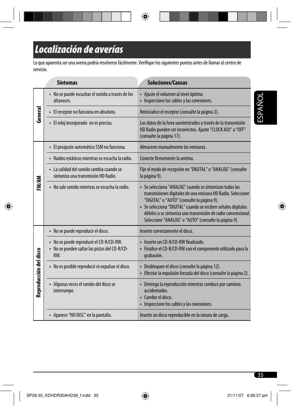 Localización de averías, Español | JVC KD-AHD39 User Manual | Page 73 / 117