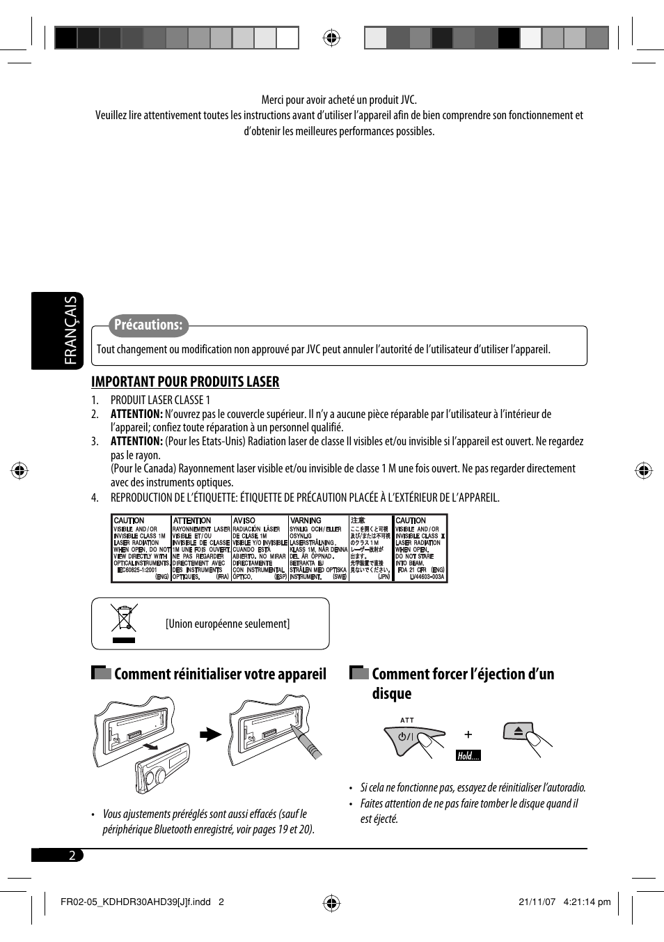 Français, Précautions, Important pour produits laser | JVC KD-AHD39 User Manual | Page 78 / 117