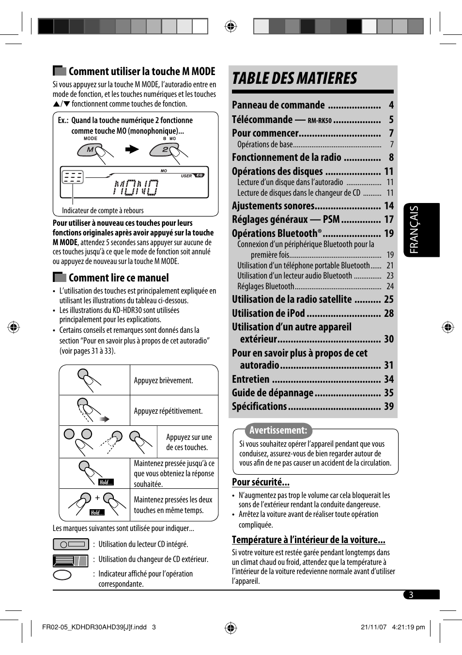 Table des matieres, Comment utiliser la touche m mode, Comment lire ce manuel | Français, Panneau de commande télécommande, Pour commencer, Fonctionnement de la radio opérations des disques | JVC KD-AHD39 User Manual | Page 79 / 117