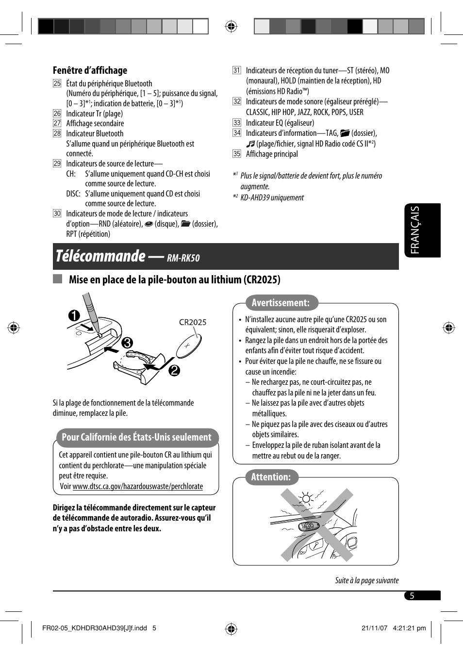 Télécommande — rm-rk50, Télécommande, Français | Rm-rk50, Attention, Avertissement, Pour californie des états-unis seulement, Fenêtre d’affichage | JVC KD-AHD39 User Manual | Page 81 / 117