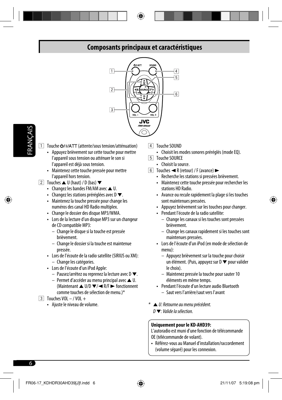 Composants principaux et caractéristiques, Français | JVC KD-AHD39 User Manual | Page 82 / 117