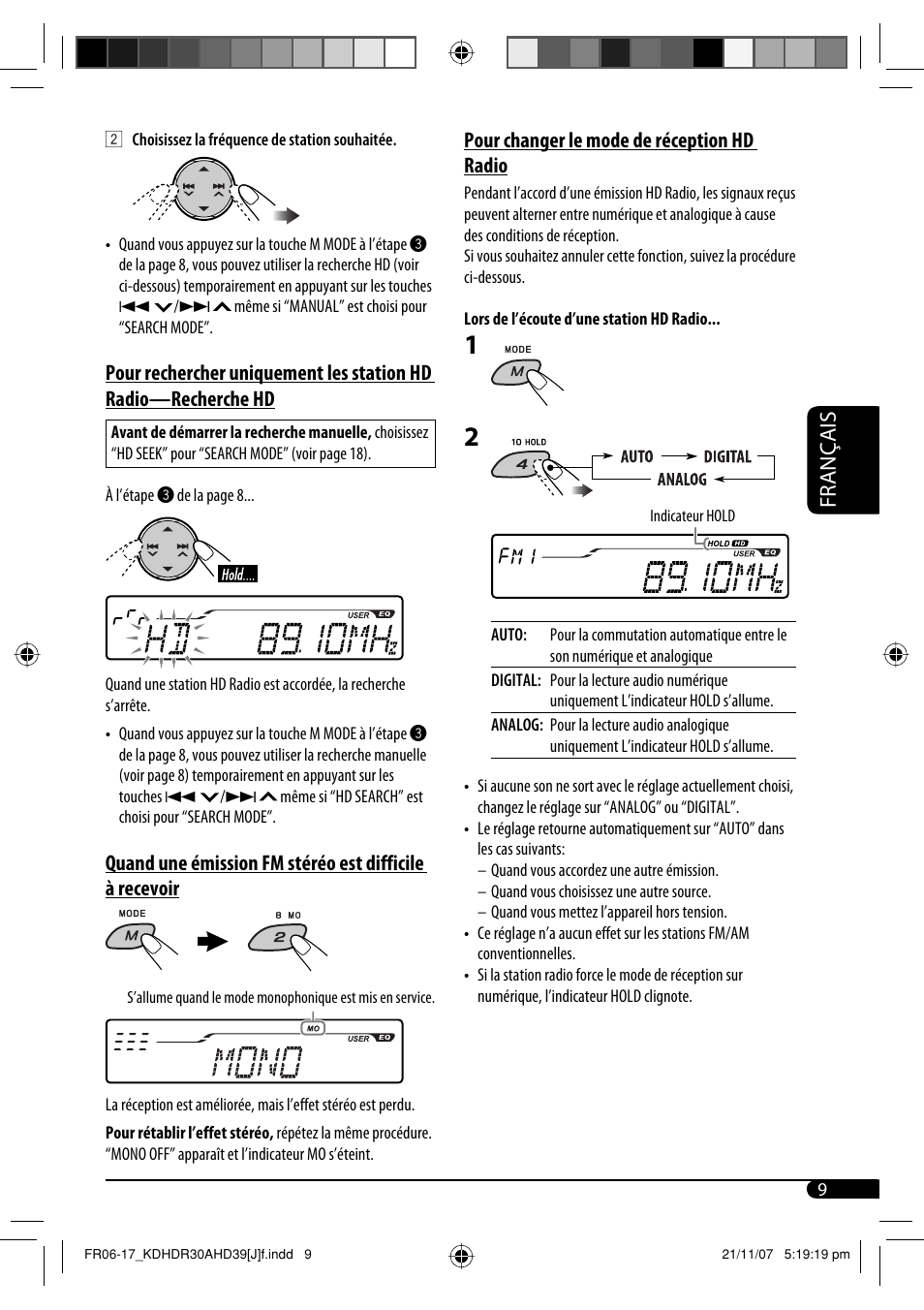 Français, Pour changer le mode de réception hd radio | JVC KD-AHD39 User Manual | Page 85 / 117