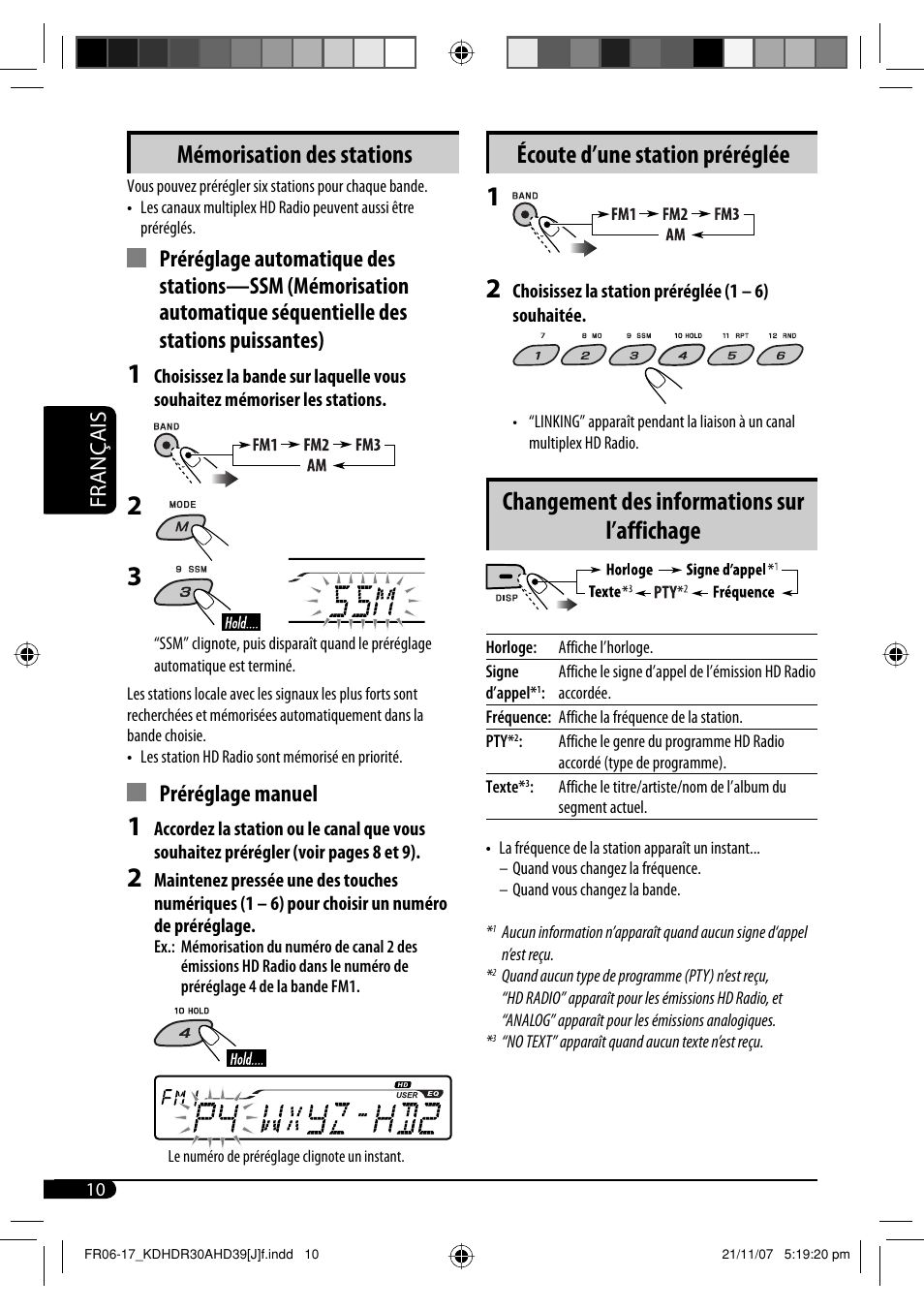 Écoute d’une station préréglée, Changement des informations sur l’affichage, Mémorisation des stations | Préréglage manuel, Français | JVC KD-AHD39 User Manual | Page 86 / 117