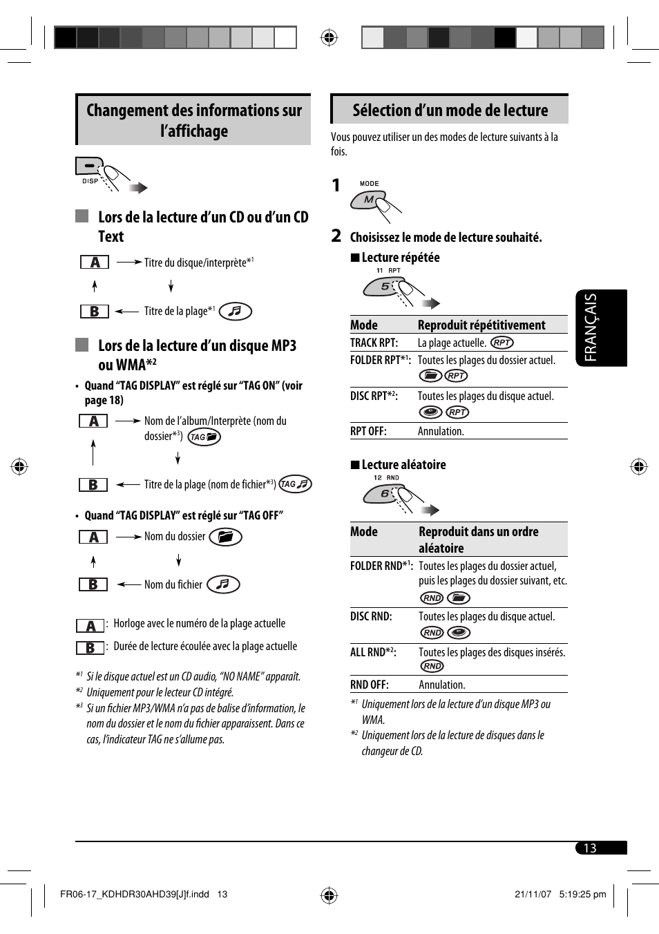 Changement des informations sur l’affichage, Sélection d’un mode de lecture, Lors de la lecture d’un cd ou d’un cd text | Lors de la lecture d’un disque mp3 ou wma, Français | JVC KD-AHD39 User Manual | Page 89 / 117