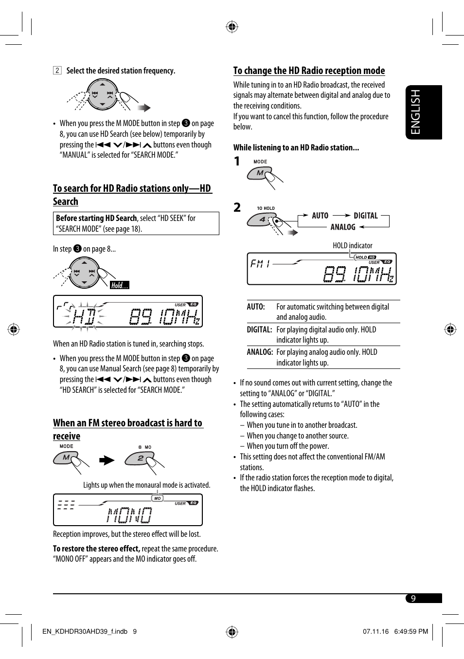 English, When an fm stereo broadcast is hard to receive | JVC KD-AHD39 User Manual | Page 9 / 117