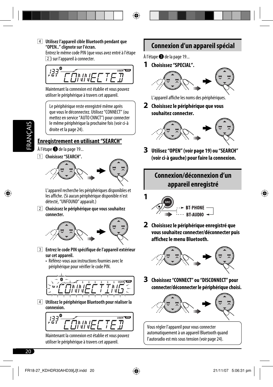 Connexion d’un appareil spécial, Connexion/déconnexion d’un appareil enregistré | JVC KD-AHD39 User Manual | Page 96 / 117