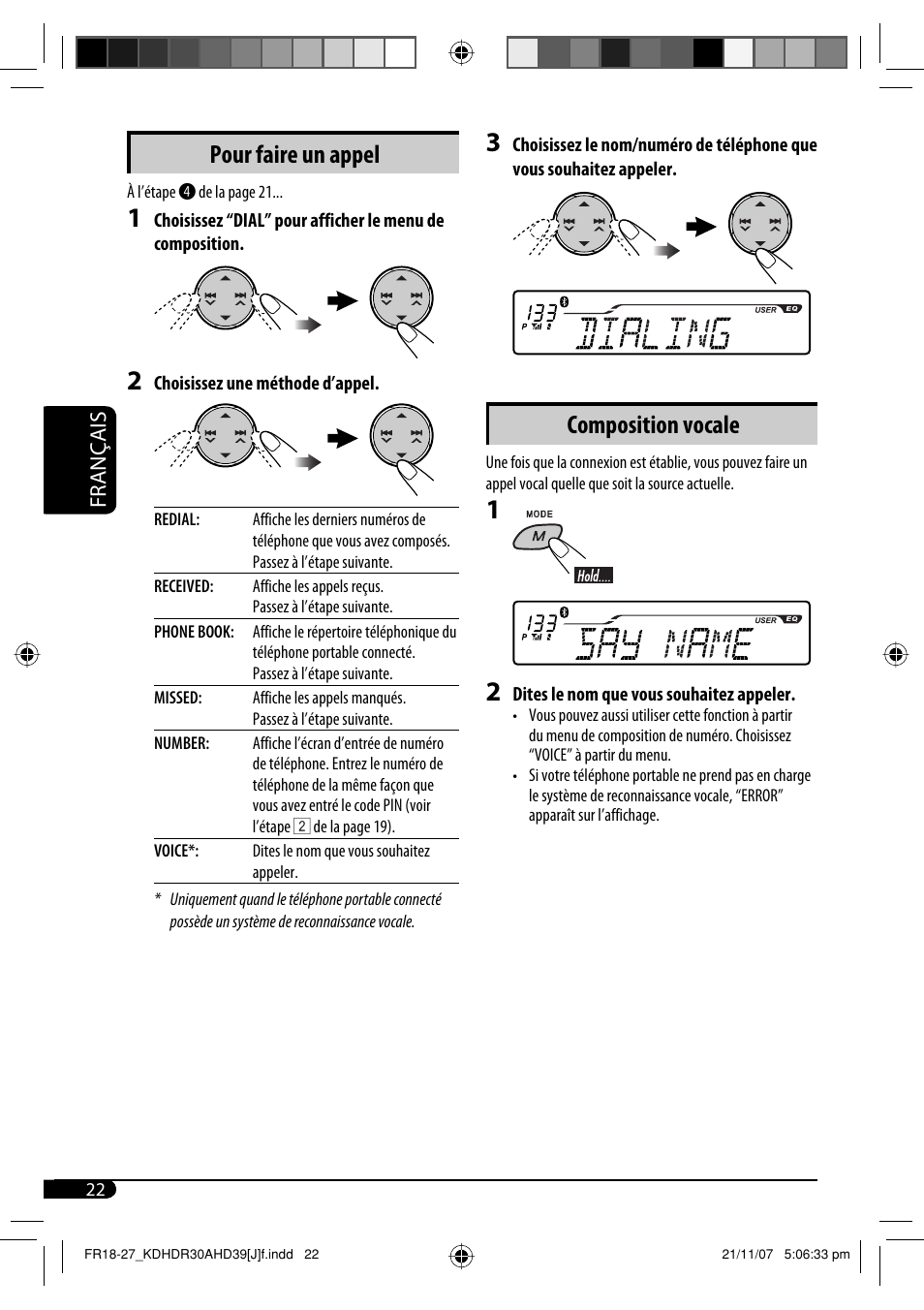 Composition vocale, Pour faire un appel | JVC KD-AHD39 User Manual | Page 98 / 117