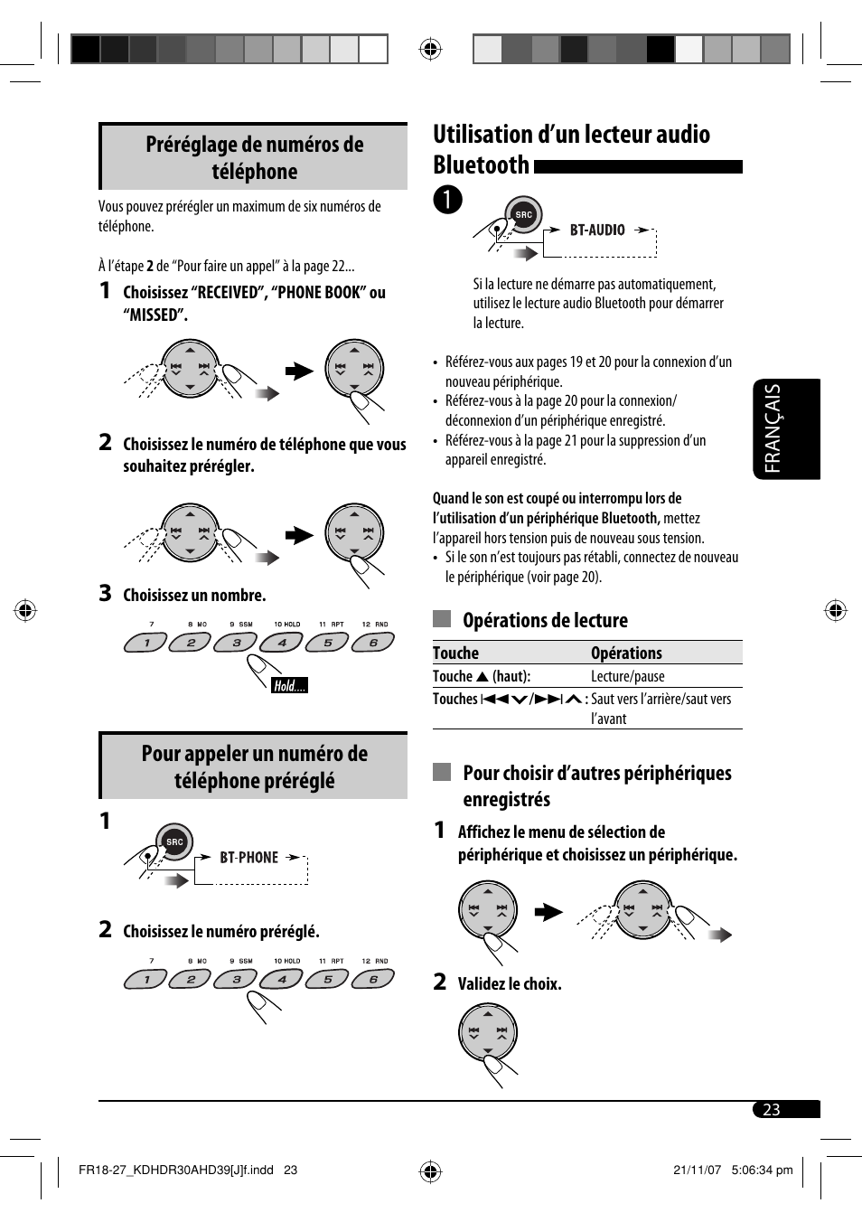 Utilisation d’un lecteur audio bluetooth, Préréglage de numéros de téléphone, Pour appeler un numéro de téléphone préréglé | JVC KD-AHD39 User Manual | Page 99 / 117