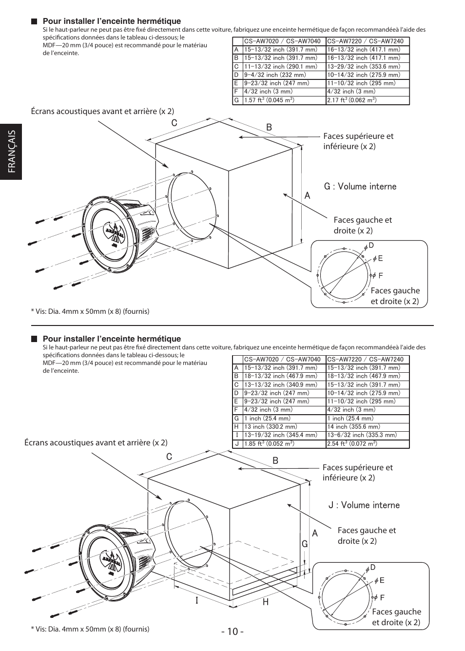 Français j : volume interne g : volume interne | JVC CS-AW7240 User Manual | Page 10 / 20
