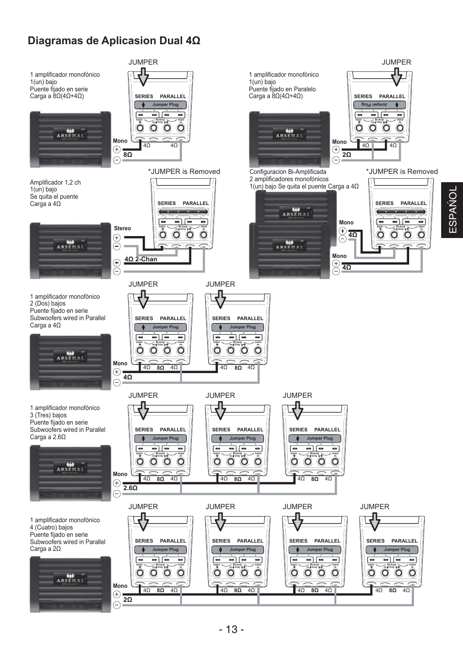 Diagramas de aplicasion dual 4ω - 13, Espa ń ol, Jumper | Jumper is removed | JVC CS-AW7240 User Manual | Page 13 / 20