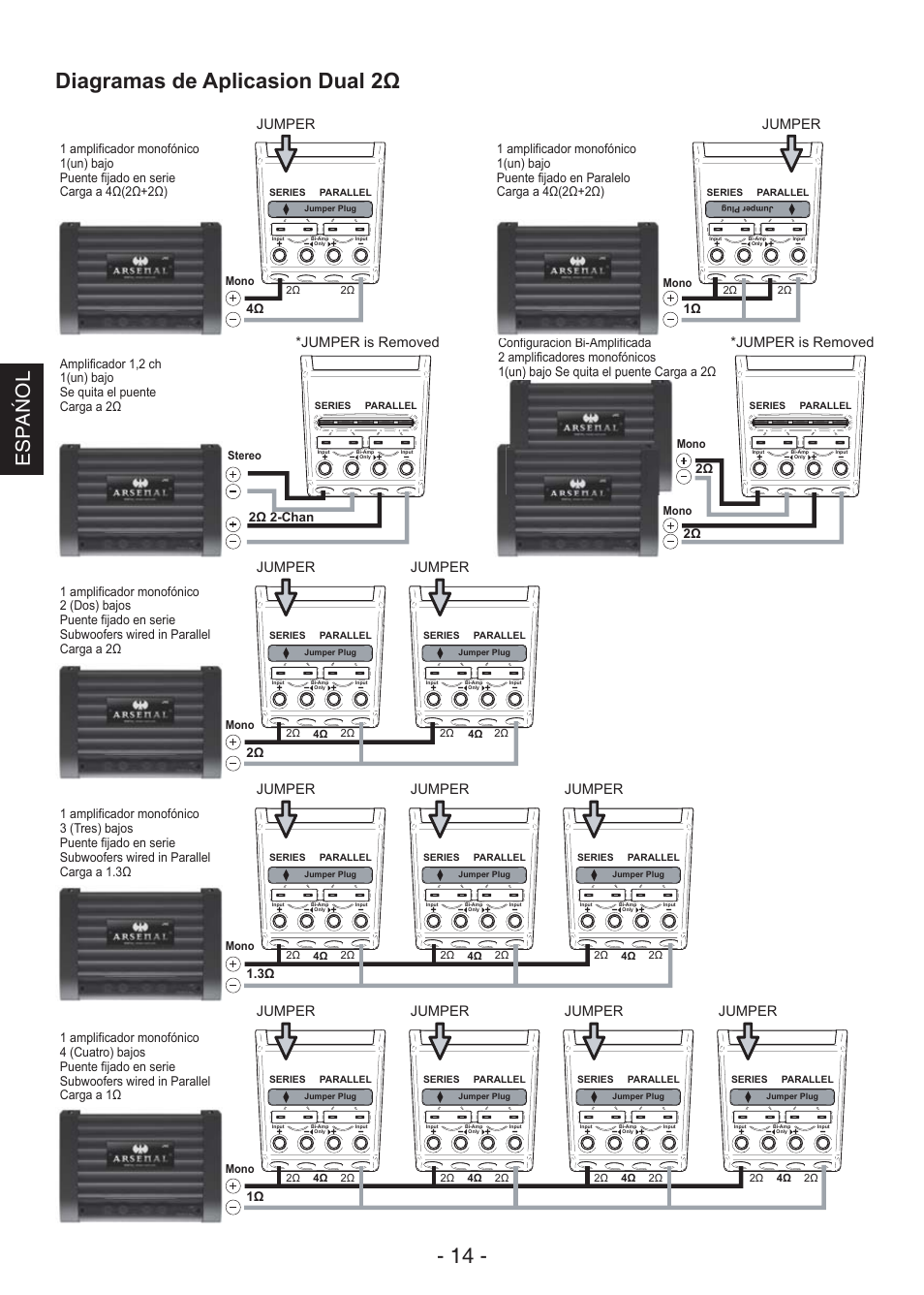 Diagramas de aplicasion dual 2ω - 14, Espa ń ol, Jumper | Jumper is removed | JVC CS-AW7240 User Manual | Page 14 / 20