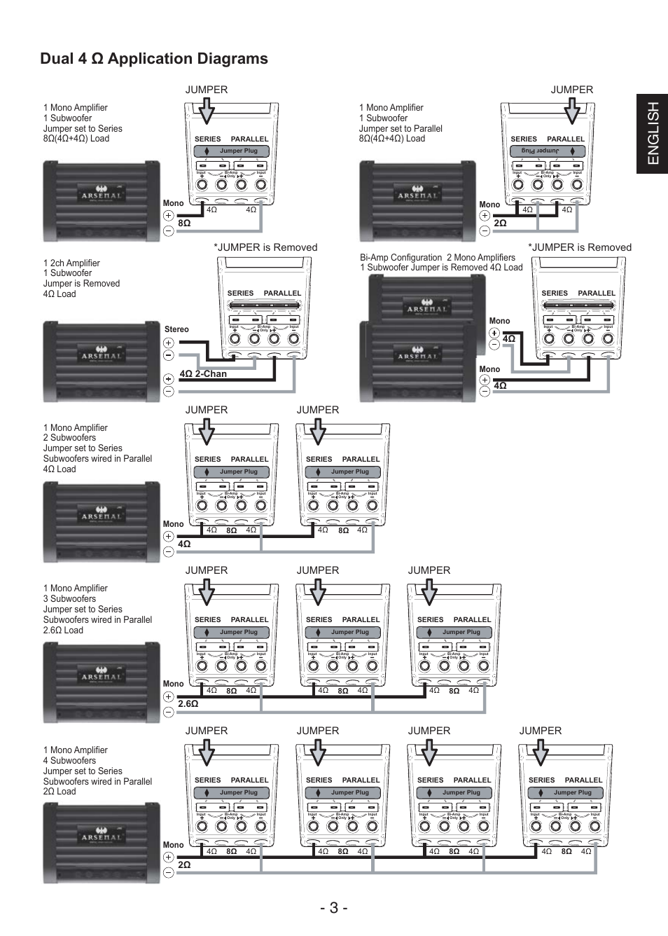 Dual 4 ω application diagrams - 3, English, Jumper | Jumper is removed | JVC CS-AW7240 User Manual | Page 3 / 20