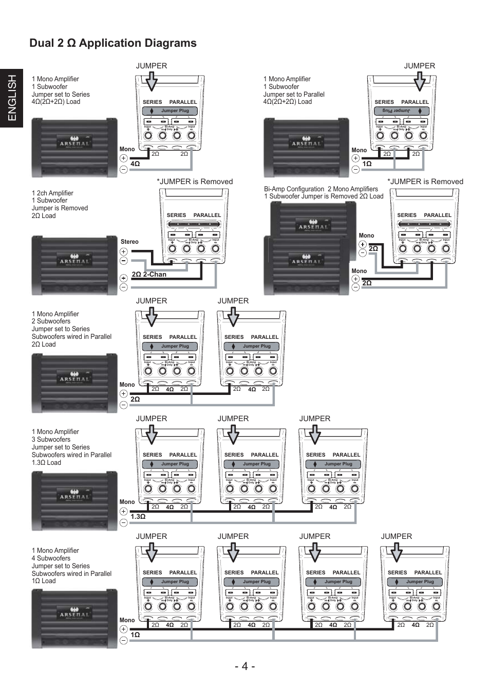 Dual 2 ω application diagrams - 4, English, Jumper | Jumper is removed | JVC CS-AW7240 User Manual | Page 4 / 20