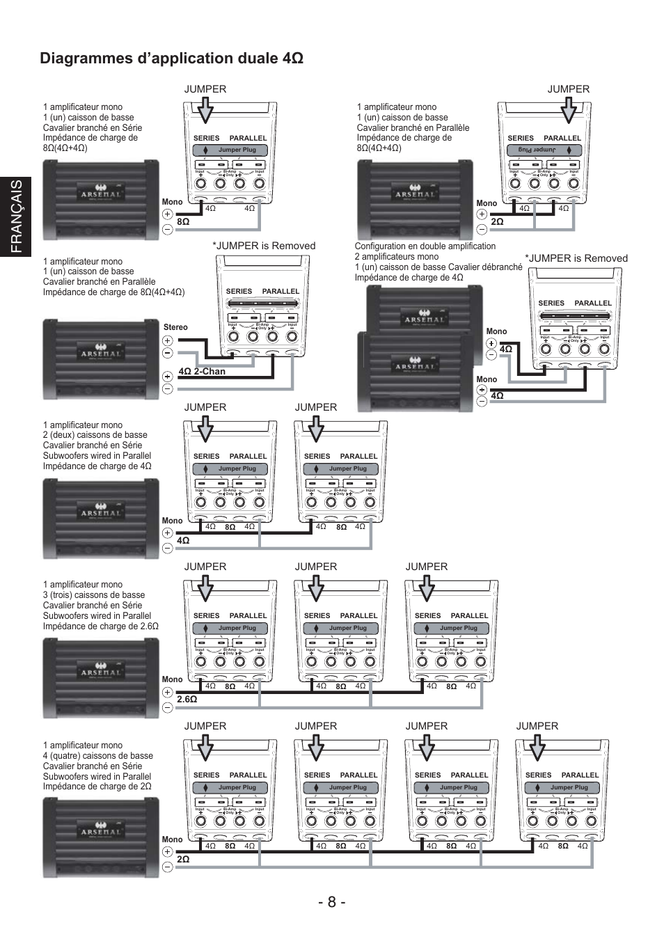 Diagrammes d’application duale 4ω - 8, Français, Jumper | Jumper is removed | JVC CS-AW7240 User Manual | Page 8 / 20