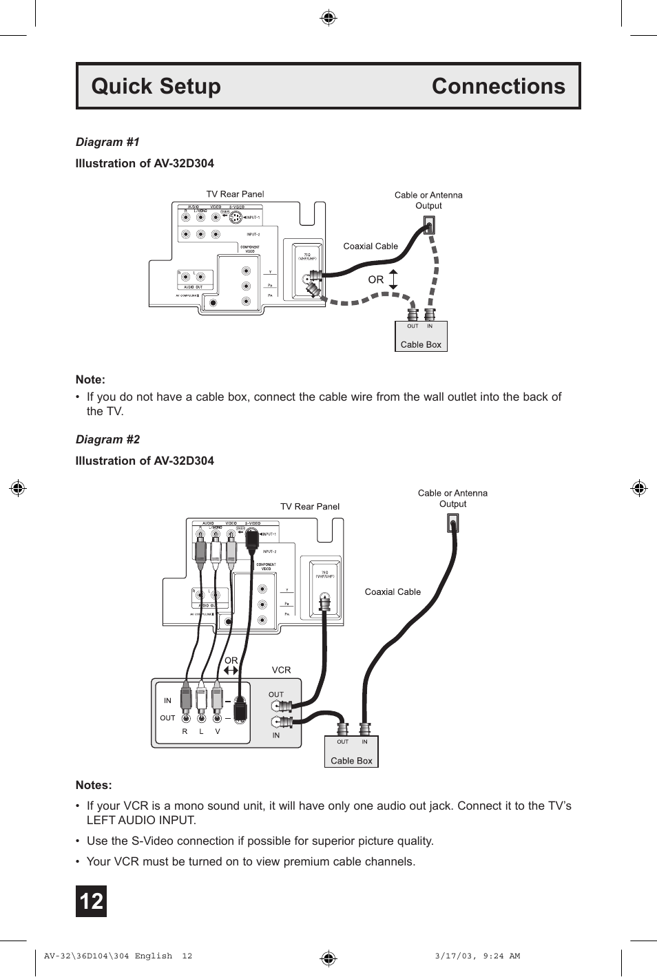 Quick setup connections | JVC AV 36D104 User Manual | Page 12 / 52