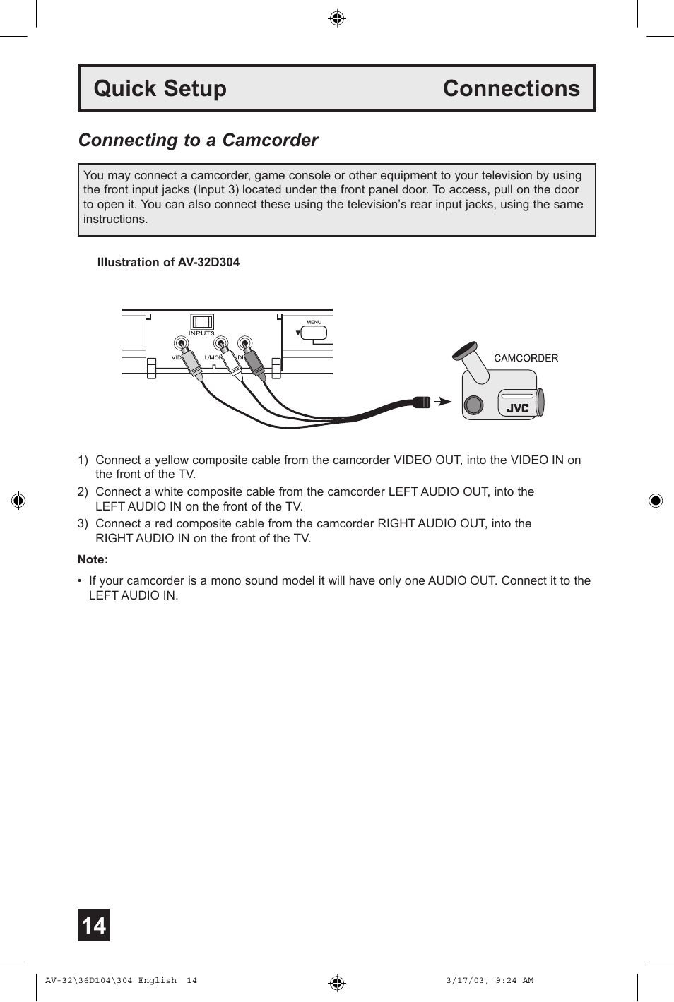 Quick setup connections, Connecting to a camcorder | JVC AV 36D104 User Manual | Page 14 / 52