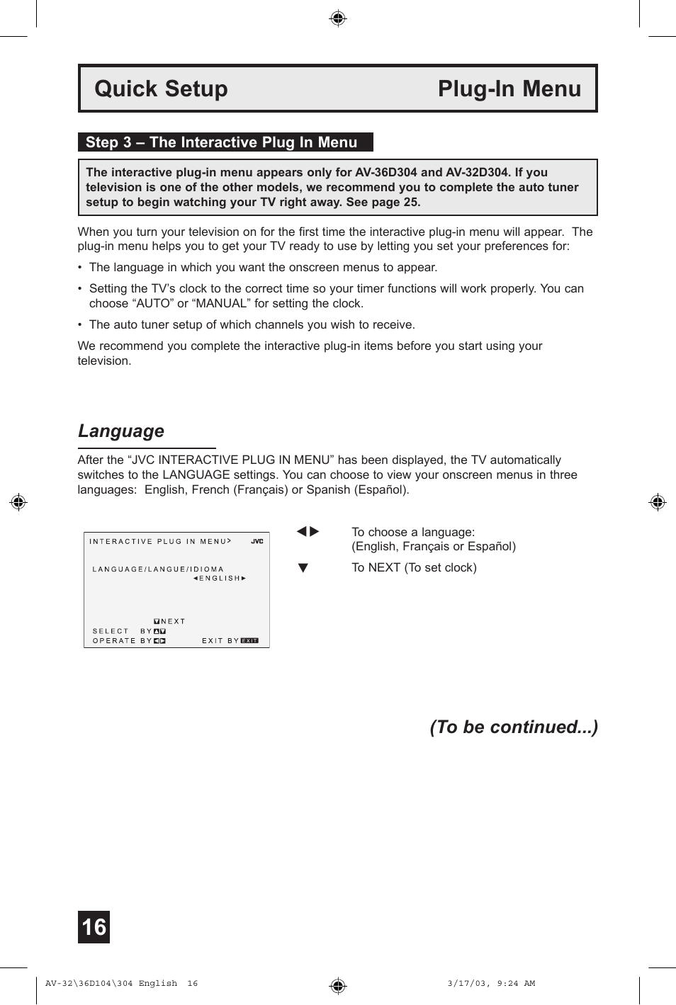 Quick setup plug-in menu, Language (to be continued...) | JVC AV 36D104 User Manual | Page 16 / 52