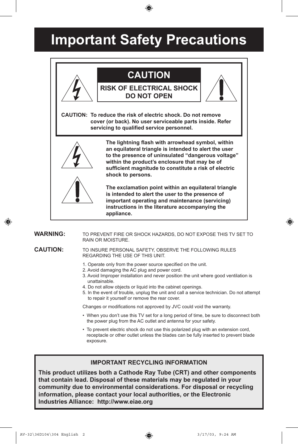 Important safety precautions, Caution, Risk of electrical shock do not open | JVC AV 36D104 User Manual | Page 2 / 52