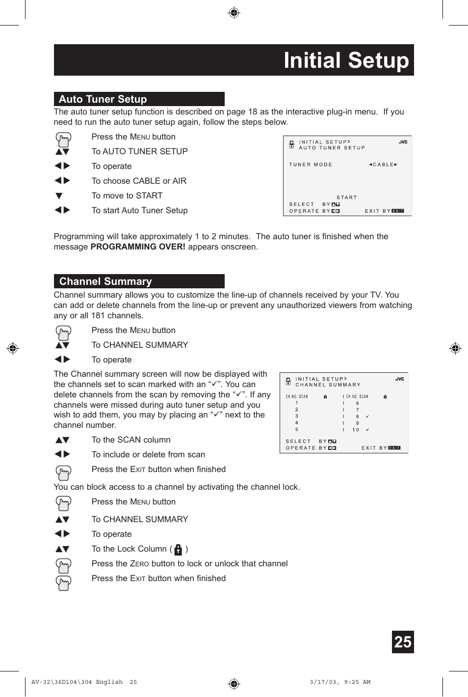 Initial setup, Auto tuner setup, Channel summary | JVC AV 36D104 User Manual | Page 25 / 52