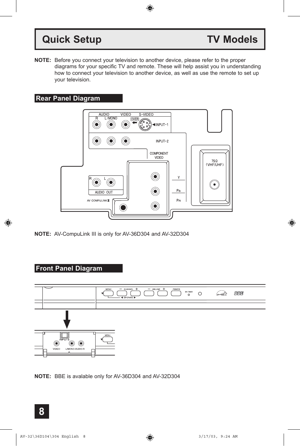 Quick setup tv models | JVC AV 36D104 User Manual | Page 8 / 52