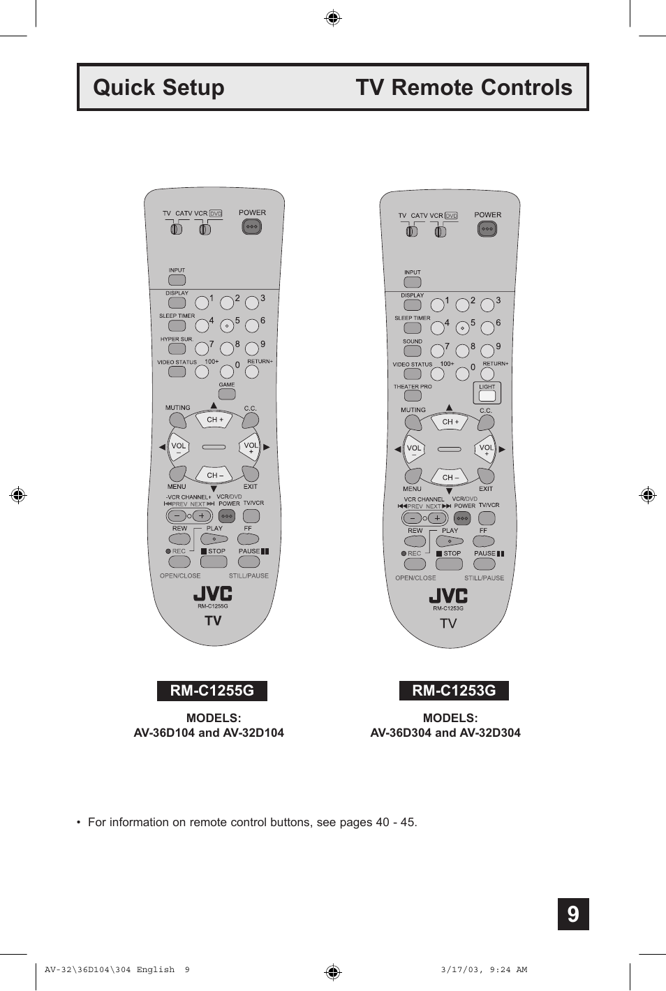 Quick setup tv remote controls | JVC AV 36D104 User Manual | Page 9 / 52