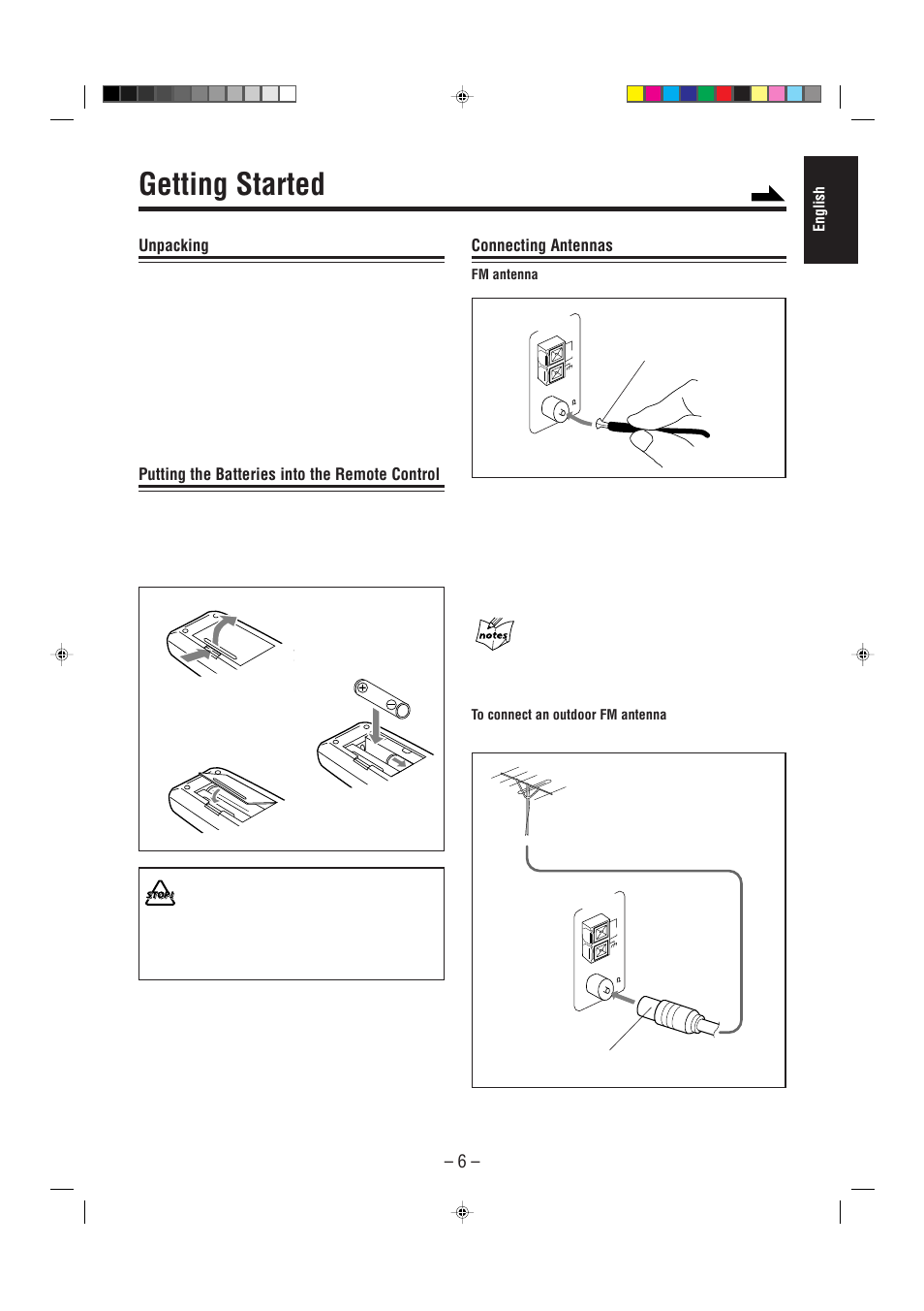 Getting started, Unpacking, Putting the batteries into the remote control | Connecting antennas | JVC CA-MXJ750R User Manual | Page 11 / 34