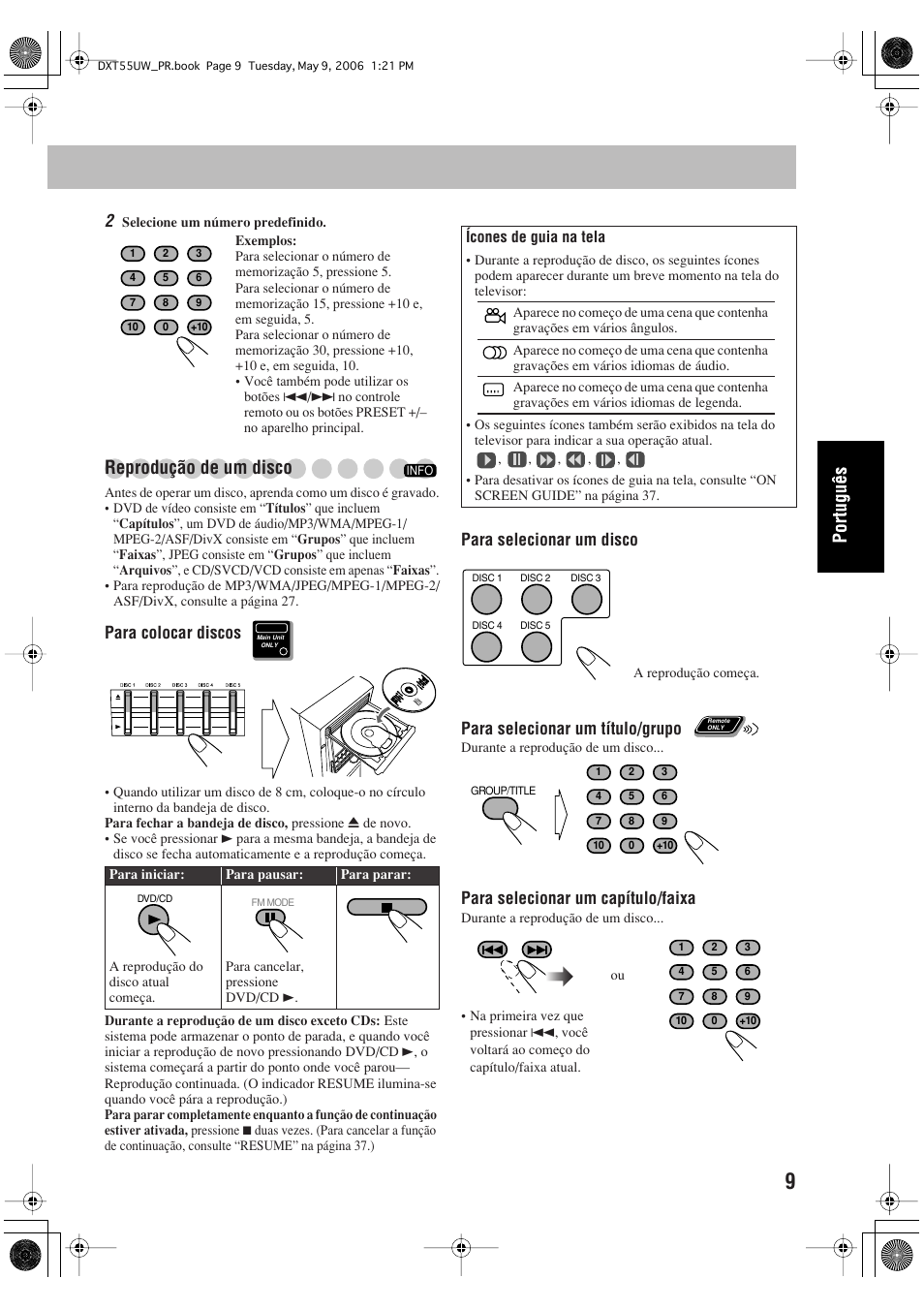 Reprodução de um disco, Para colocar discos, Para selecionar um capítulo/faixa | JVC DX-T55 User Manual | Page 105 / 144