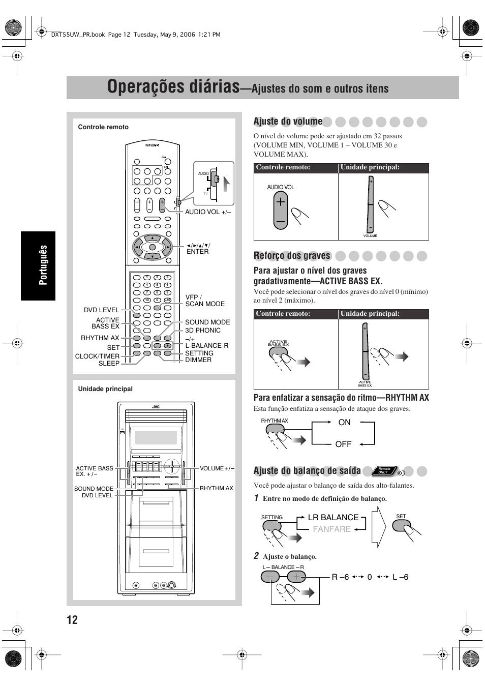 Operações diárias, Ajustes do som e outros itens, Ajuste do volume | Reforço dos graves, Ajuste do balanço de saída, Para enfatizar a sensação do ritmo—rhythm ax | JVC DX-T55 User Manual | Page 108 / 144