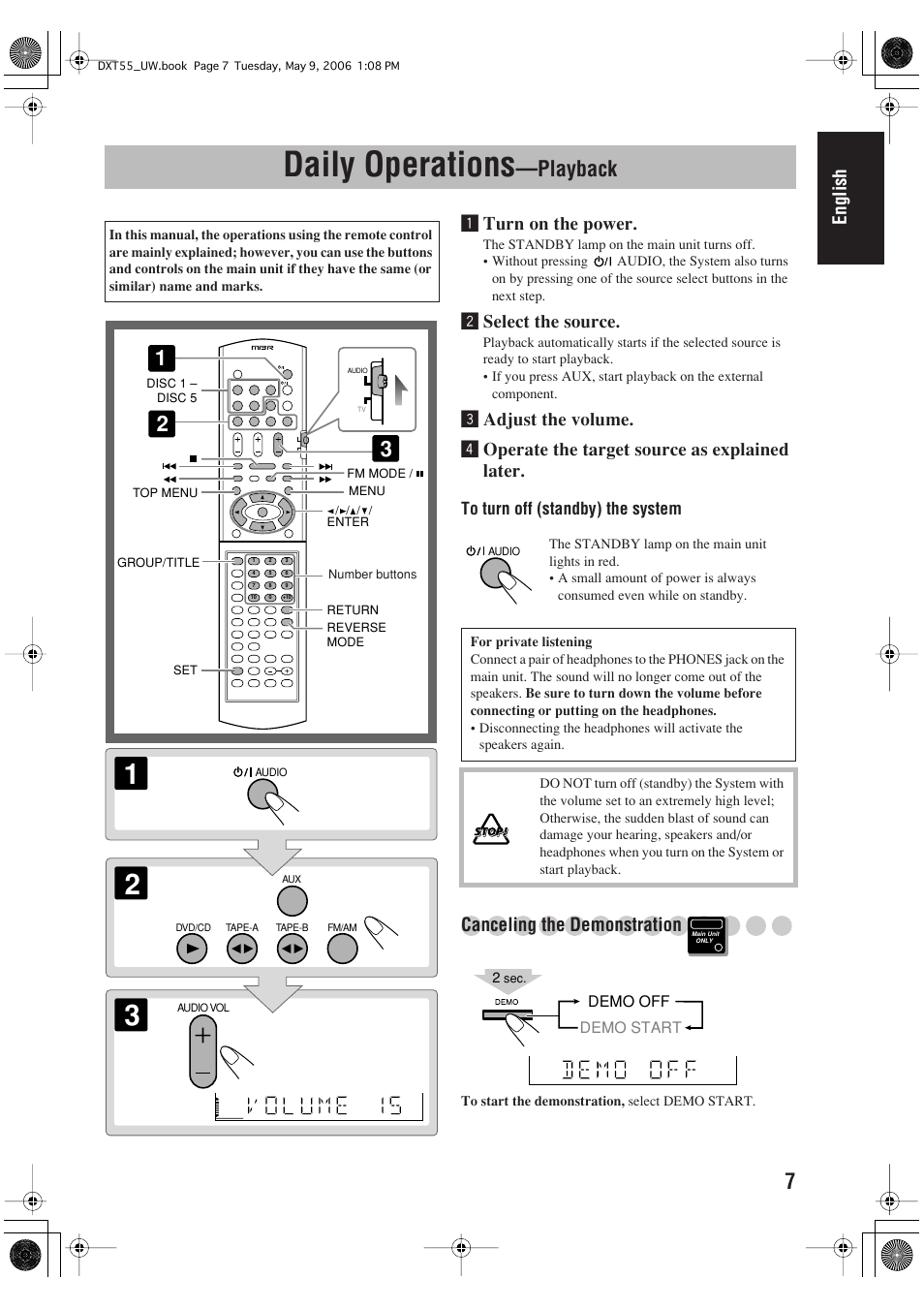 Daily operations, Playback, English | Turn on the power, Øselect the source, Canceling the demonstration | JVC DX-T55 User Manual | Page 11 / 144