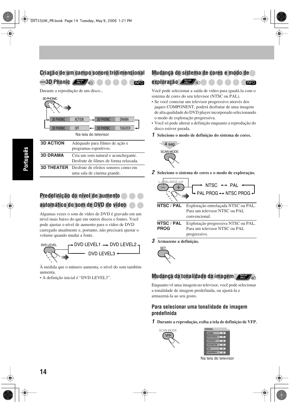 Mudança do sistema de cores e modo de exploração, Mudança da tonalidade da imagem | JVC DX-T55 User Manual | Page 110 / 144