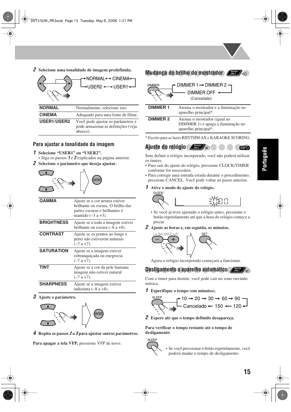 Mudança do brilho do mostrador, Ajuste do relógio, Desligamento o aparelho automático | JVC DX-T55 User Manual | Page 111 / 144