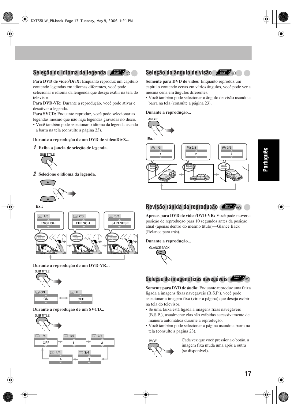 Seleção do idioma da legenda, Seleção do ângulo de visão, Revisão rápida da reprodução | Seleção de imagens fixas navegáveis | JVC DX-T55 User Manual | Page 113 / 144