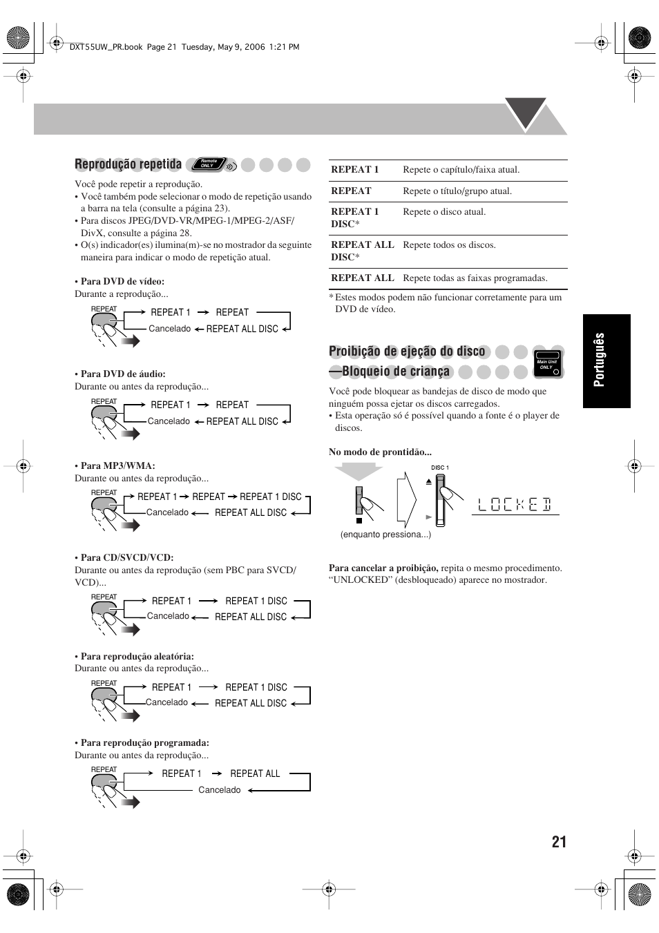 Reprodução repetida, Proibição de ejeção do disco —bloqueio de criança | JVC DX-T55 User Manual | Page 117 / 144