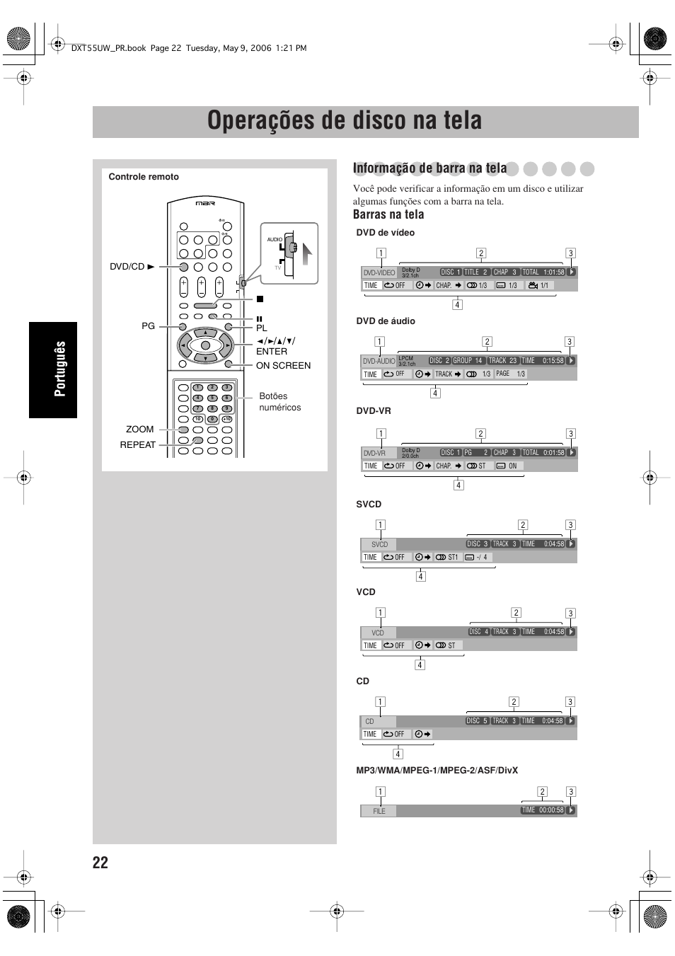 Operações de disco na tela, Informação de barra na tela, Barras na tela | JVC DX-T55 User Manual | Page 118 / 144