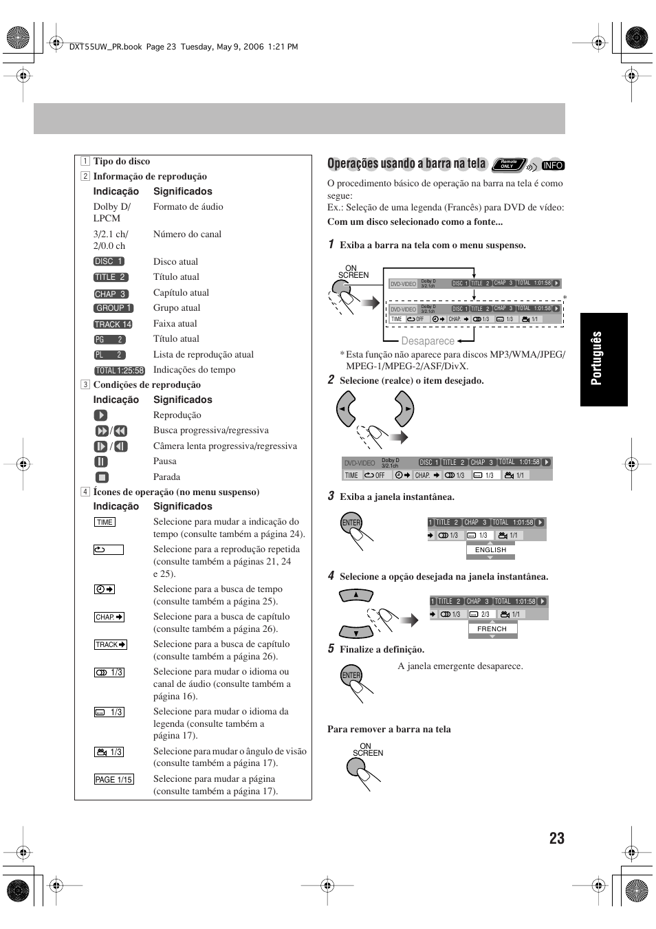 Operações usando a barra na tela, Desaparece | JVC DX-T55 User Manual | Page 119 / 144