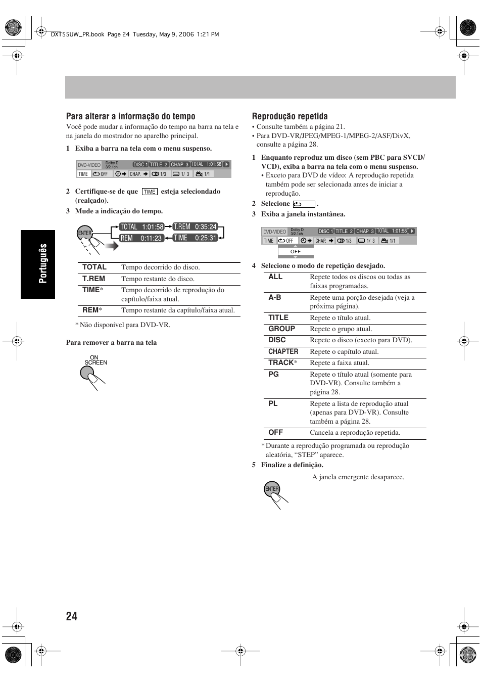 Para alterar a informação do tempo, Reprodução repetida | JVC DX-T55 User Manual | Page 120 / 144