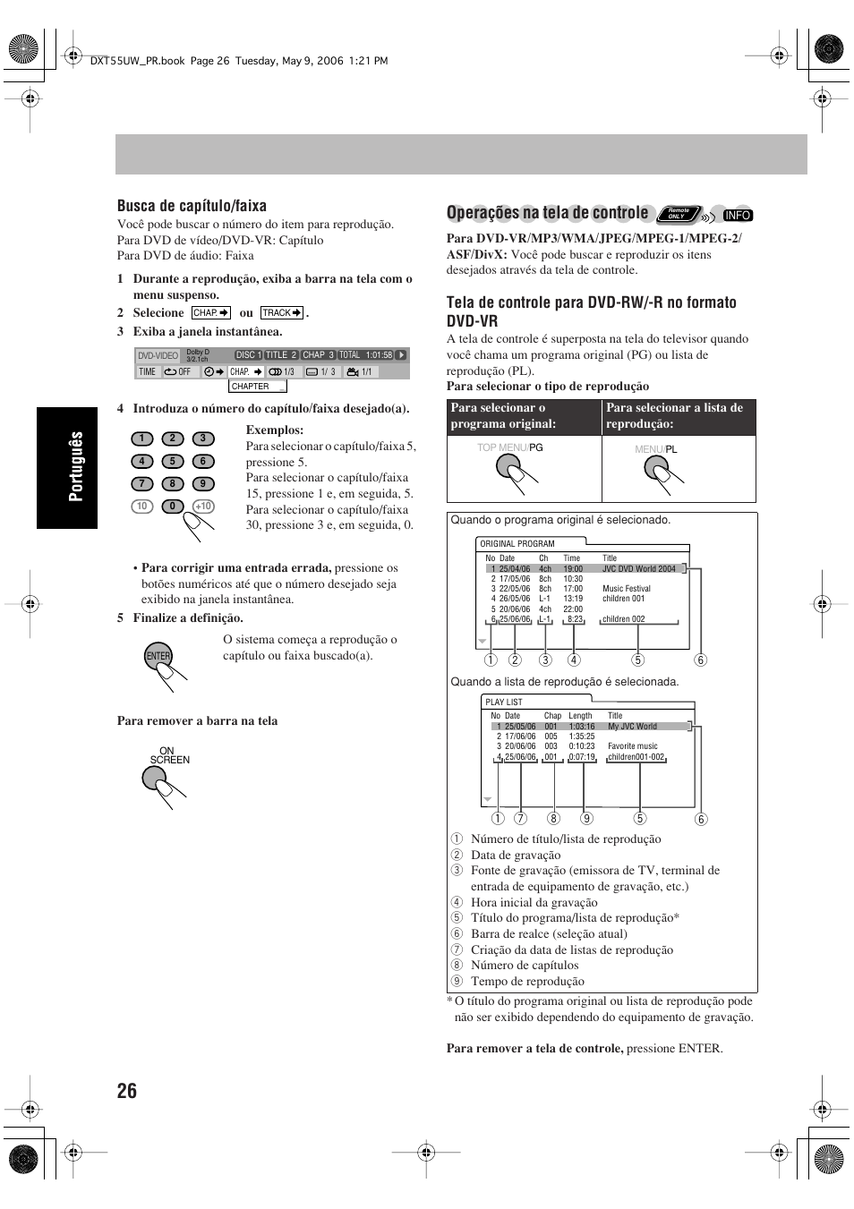 Operações na tela de controle, Busca de capítulo/faixa, Tela de controle para dvd-rw/-r no formato dvd-vr | JVC DX-T55 User Manual | Page 122 / 144