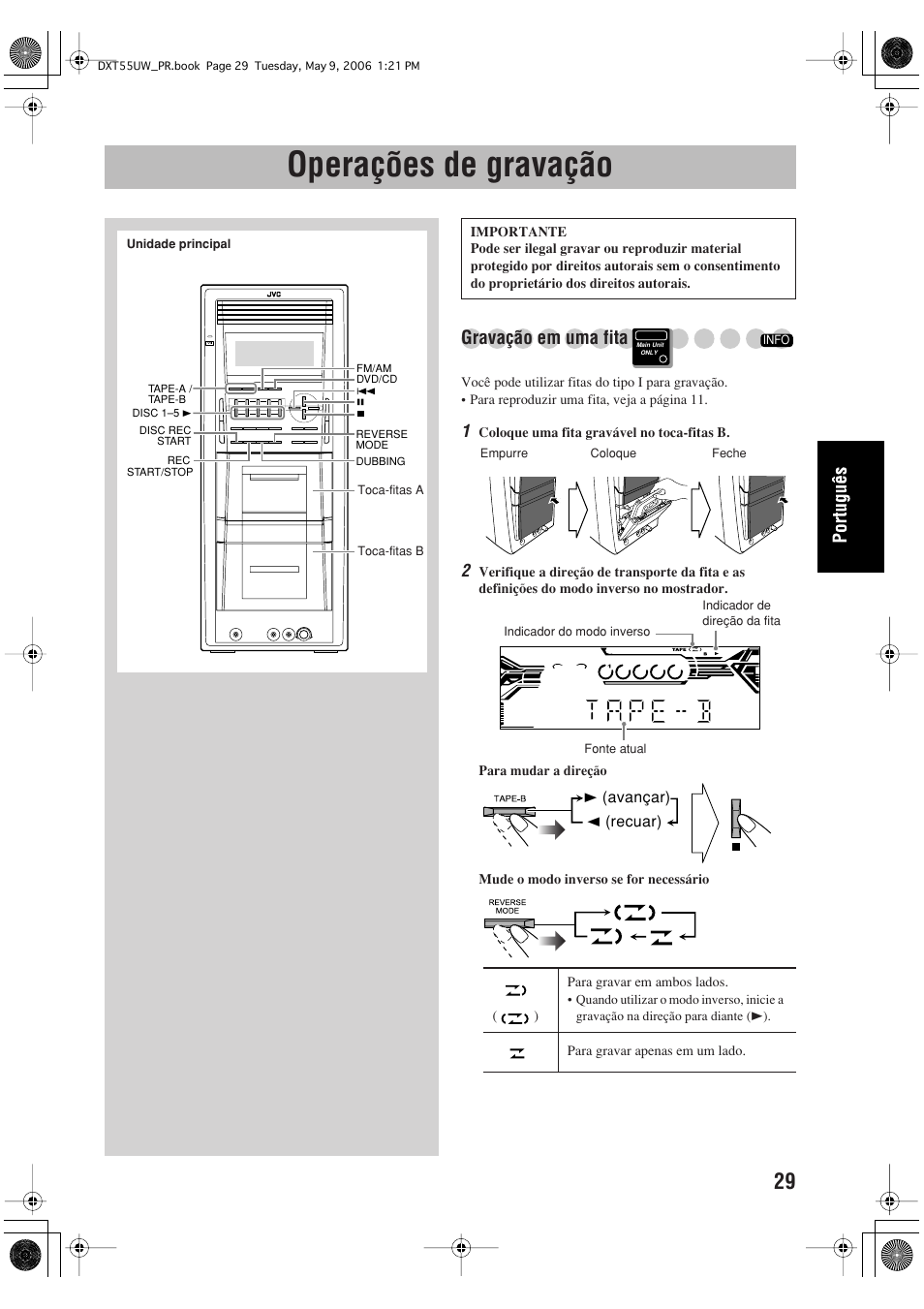 Operações de gravação, Gravação em uma fita | JVC DX-T55 User Manual | Page 125 / 144