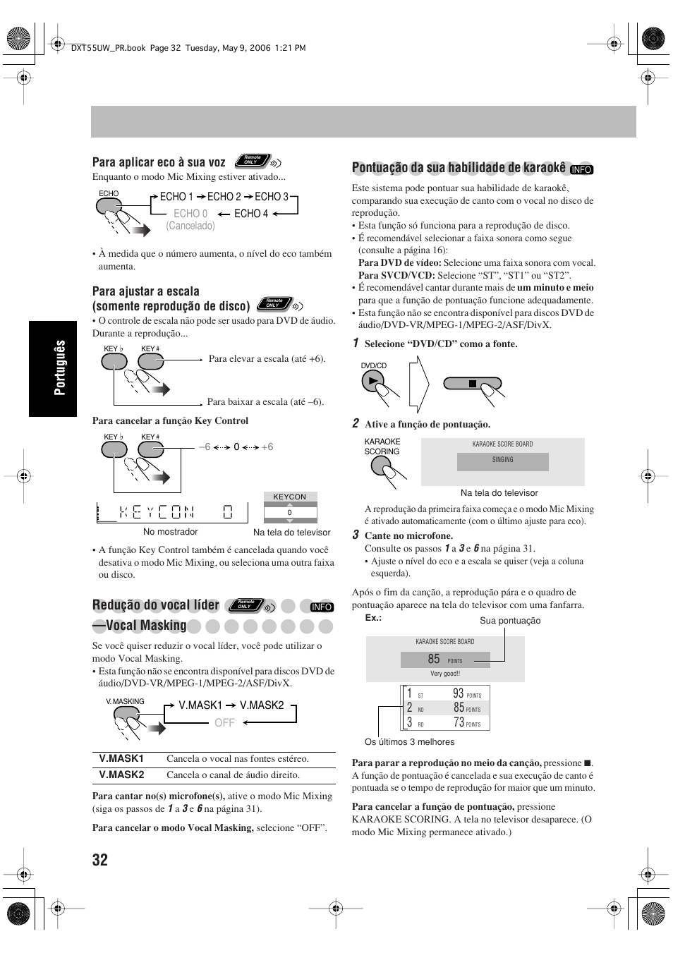 Redução do vocal líder —vocal masking, Pontuação da sua habilidade de karaokê | JVC DX-T55 User Manual | Page 128 / 144