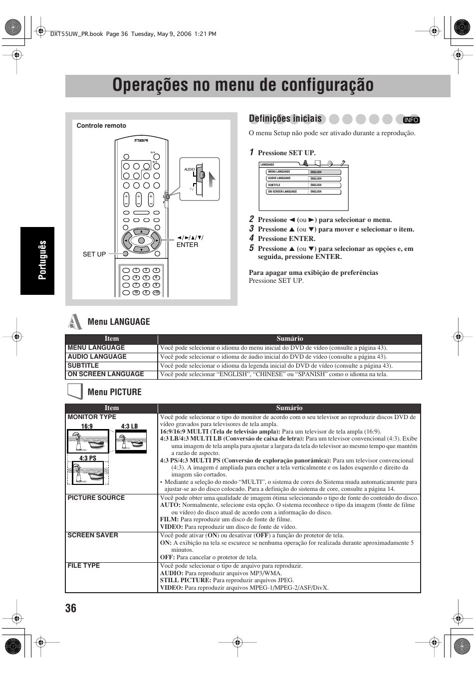 Operações no menu de configuração, Definições iniciais, Menu language menu picture | JVC DX-T55 User Manual | Page 132 / 144