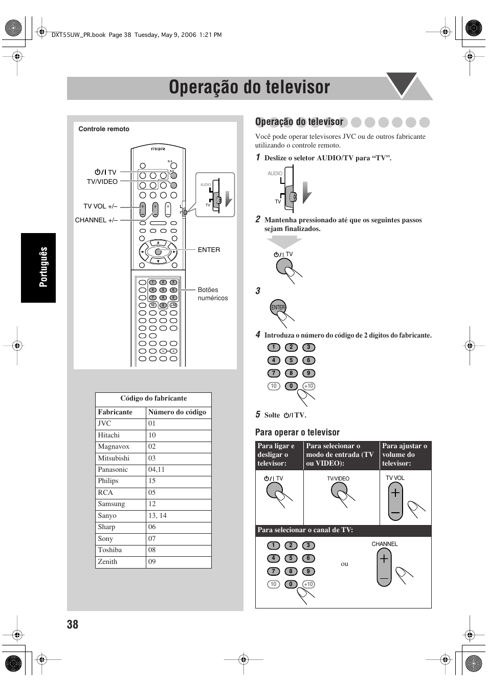 Operação do televisor, Para operar o televisor | JVC DX-T55 User Manual | Page 134 / 144