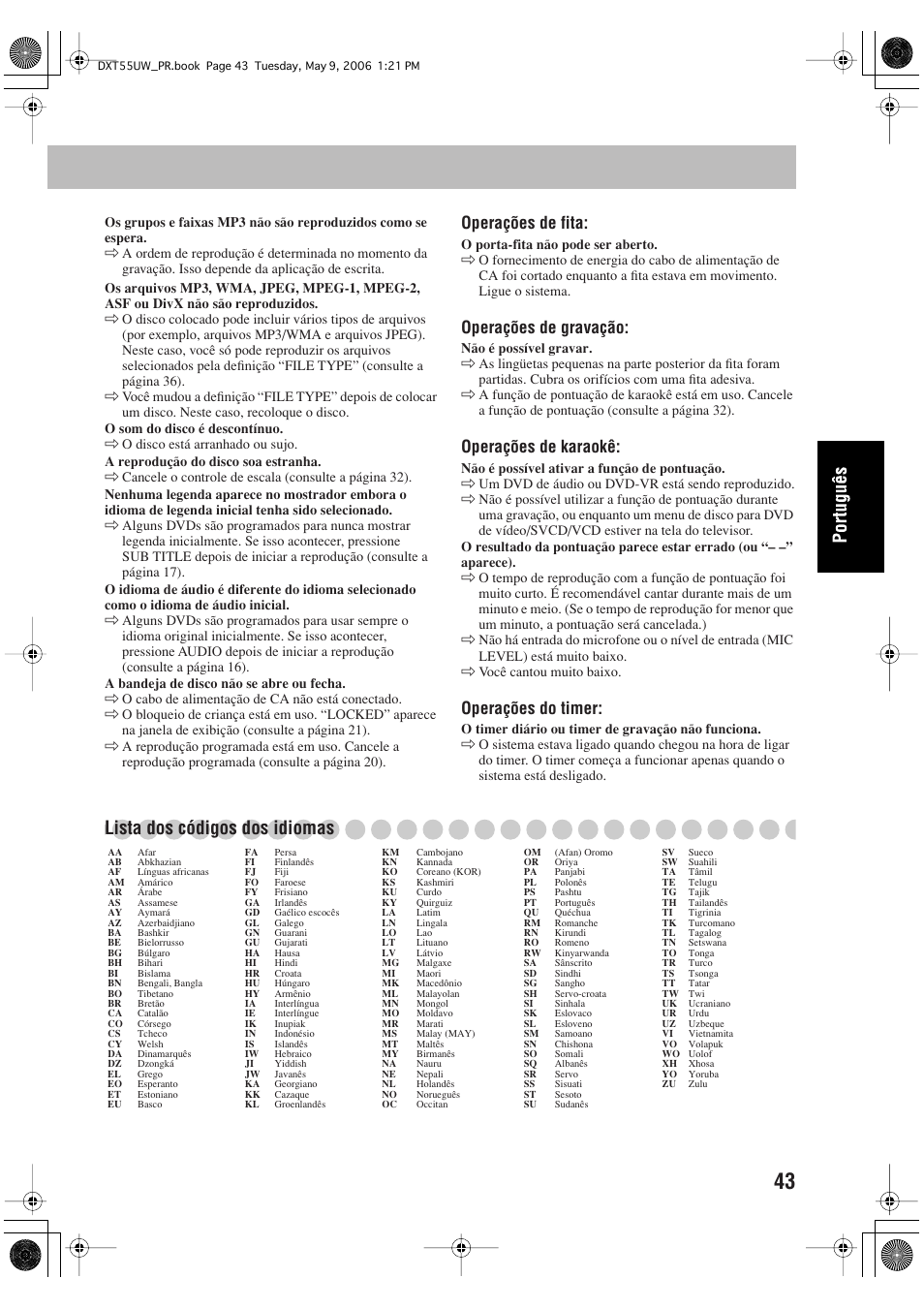 Lista dos códigos dos idiomas, Operações de fita, Operações de gravação | Operações de karaokê, Operações do timer | JVC DX-T55 User Manual | Page 139 / 144