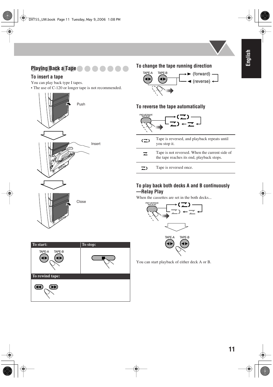 English playing back a tape | JVC DX-T55 User Manual | Page 15 / 144